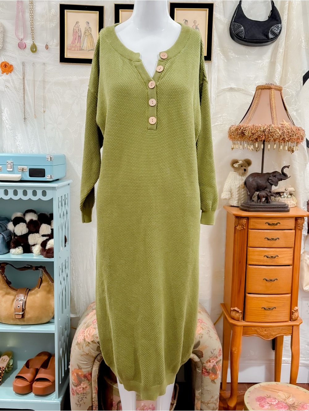 Boho coastal girly waffle knit sweater staple relaxed green midi dress